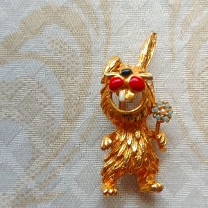 Panetta vintage gold plated brooch rabbit with turquoise flower flop ear